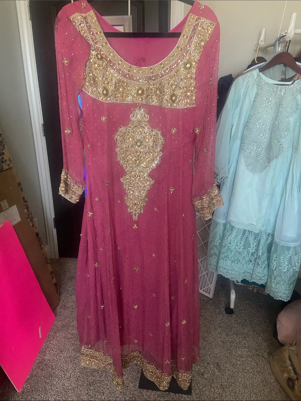 Women's Formal Fuchsia Pink Embroidered Anarkali maxi with Gold Accents
